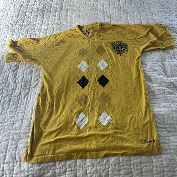 Denim Kruz Yellow Argyle Graphic T-shirt Crest Patch Retro Preppy Baggy Men’s 4X - Picture 2 of 12